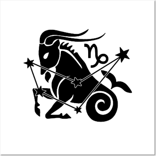 Capricorn - Zodiac Astrology Symbol with Constellation and Sea Goat Design (Black on White, Symbol Only Variant) Posters and Art